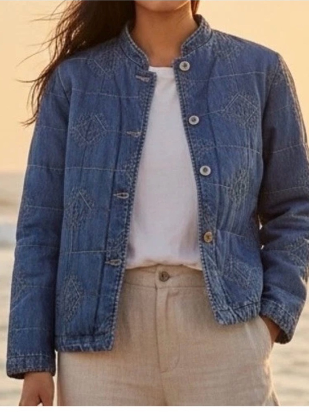 Democracy Quilted Embroidered Denim Jacket Blue Boho Bandana Layering Womens Lg